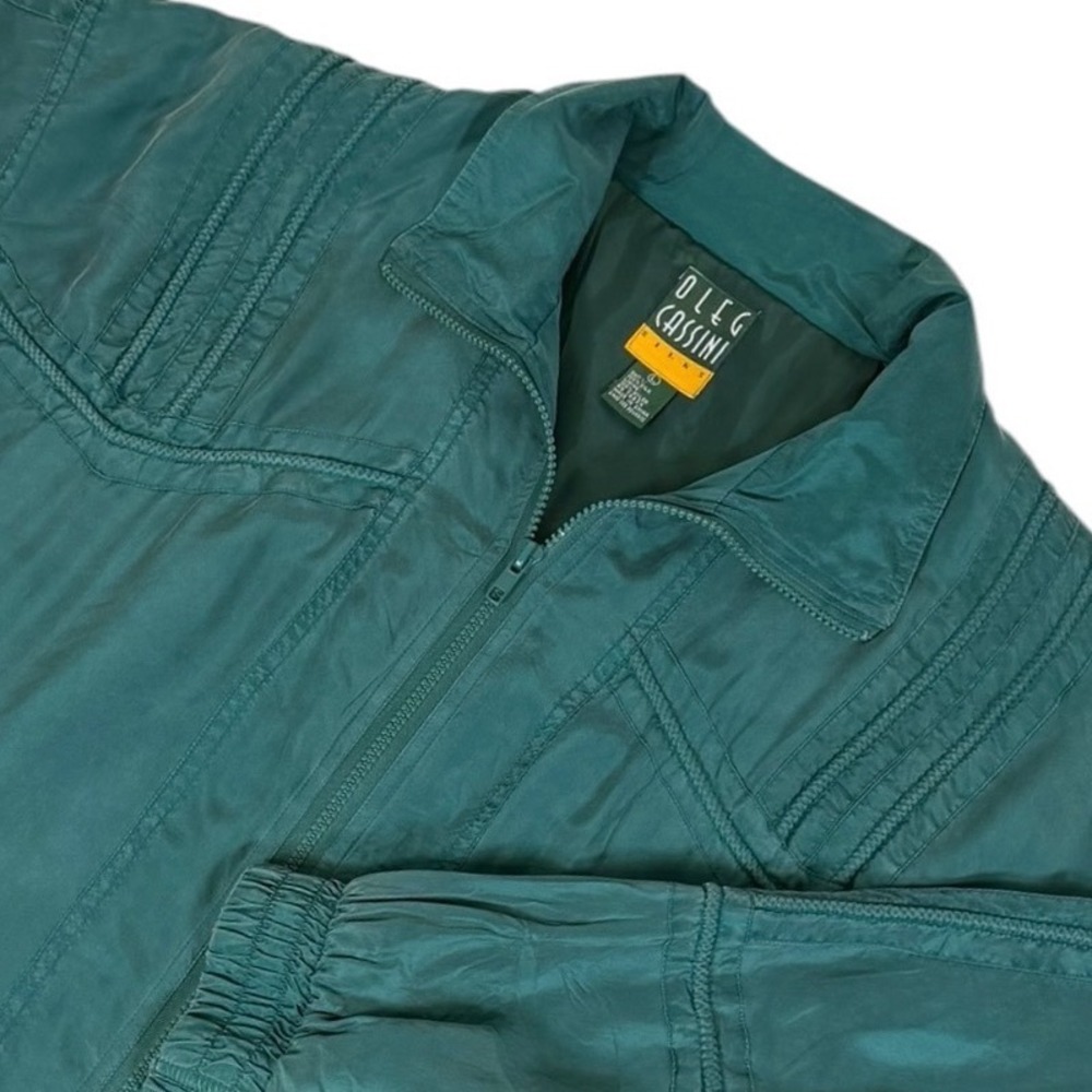 Oleg Cassini Silks Mens Large Emerald Green 100% Silk Vintage Bomber Jacket Zip